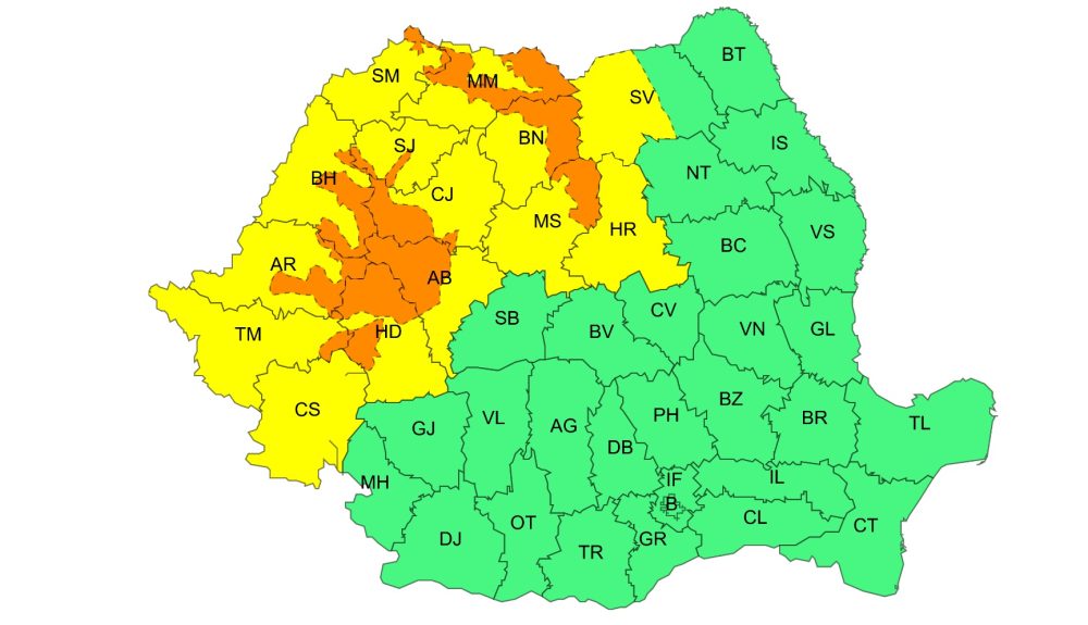 Cod portocaliu în Apuseni și cod galben de ploi și vreme rea în Crișana și Transilvania