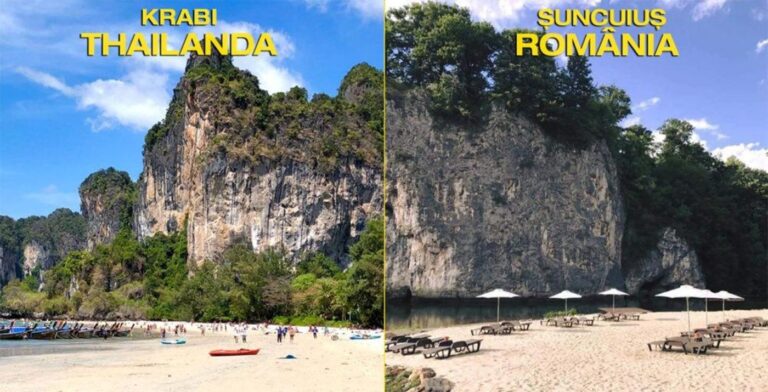 Locație de vis din Ardeal, cu umbrele și șezlonguri, care poate rivaliza cu Thailanda care te duce cu gândul la plajele din Krabi