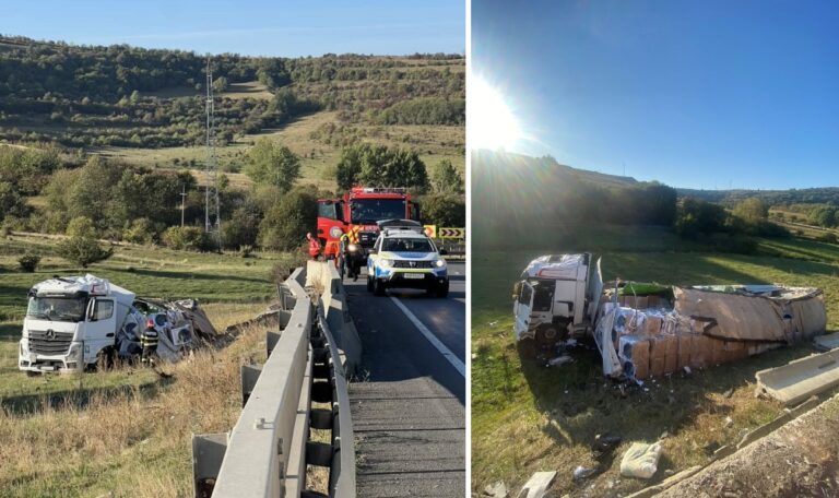 Accident pe DN1 Cluj-Oradea, în zona Păniceni: Un TIR încărcat cu mașini de spălat s-a răsturnat în şanţ!