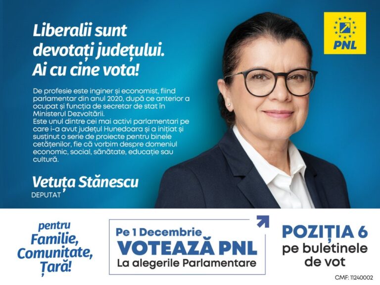 Vetuța Stănescu, deputat PNL – pentru un județ puternic și o Românie prosperă. Hunedorenii au cu cine vota!