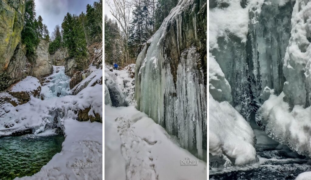 Sezonul hibernal pe Valea Mării din Retezat, o simfonie a iernii din gerar, în alb, verde și albastru