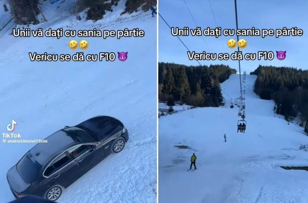 Un șofer a fost filmat când urcă cu mașina pe pârtie, la Borșa. Ce caută schiorii pe „pârtia de BMW”?