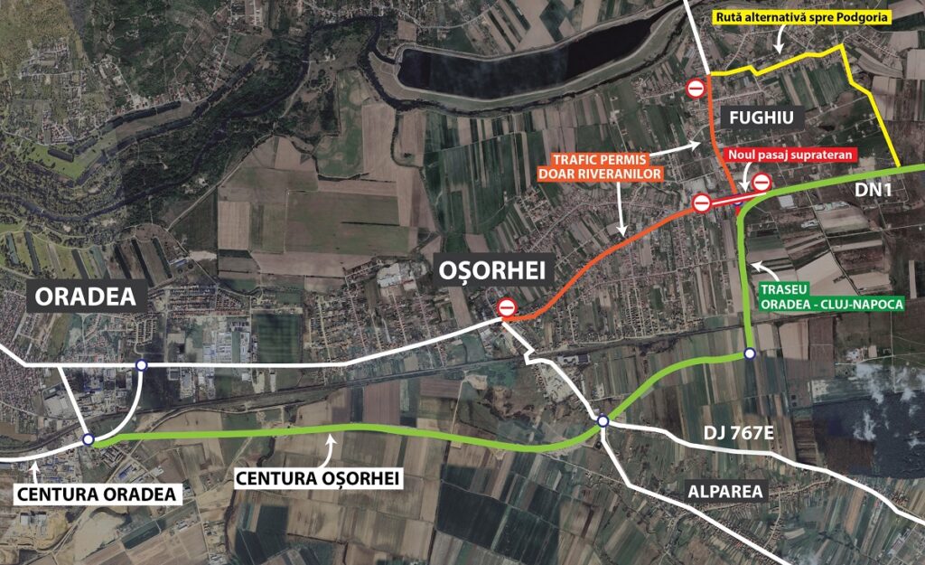 Trafic deviat pe DN1 Cluj-Oradea în Oșorhei. Se lucrează la pasajul suprateran! Traficul va fi deviat până în  octombrie 2025 pe rute ocolitoare!