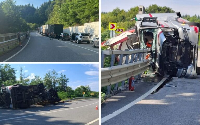 Trafic blocat pe DN76, între Beiuș – Vârfurile: O cisternă cu substanțe periculoase este răsturnată