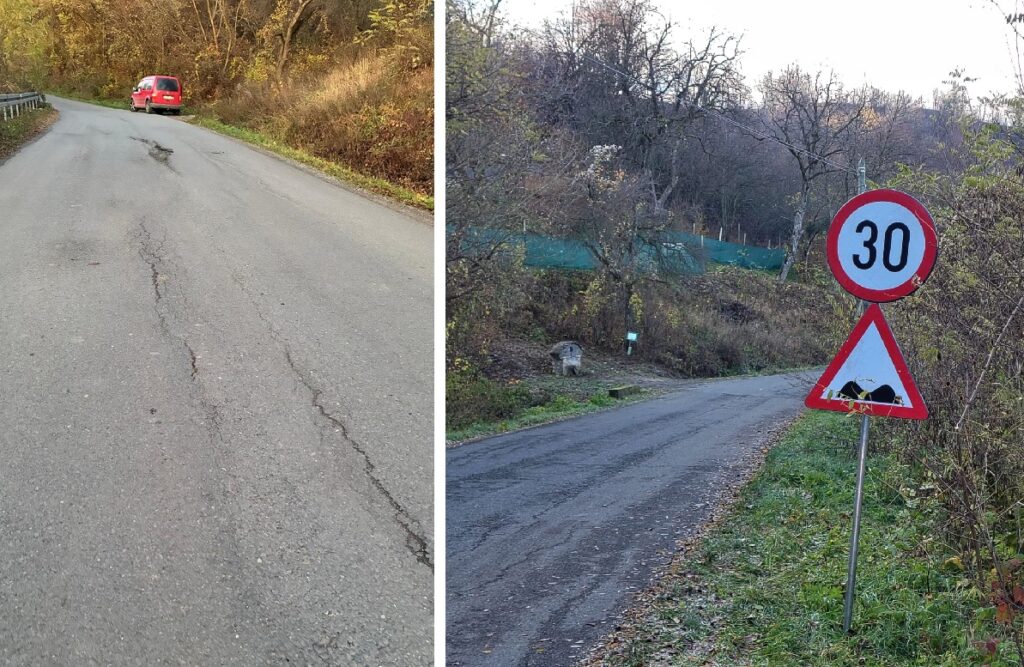 Drumul DC 134 Huedin – Bicălatu, în pericol de surpare. Primăria Huedin anunță măsuri de urgență