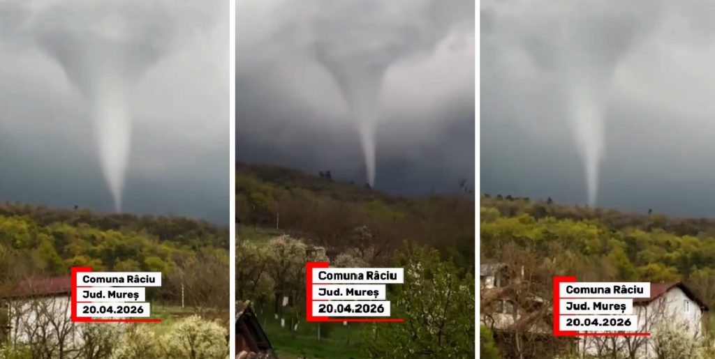 Tornadă surprinsă în județul Mureș: Fenomen rar filmat luni seară în comuna Râciu!