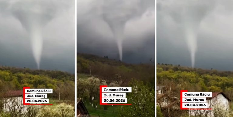 Tornadă surprinsă în județul Mureș: Fenomen rar filmat luni seară în comuna Râciu!
