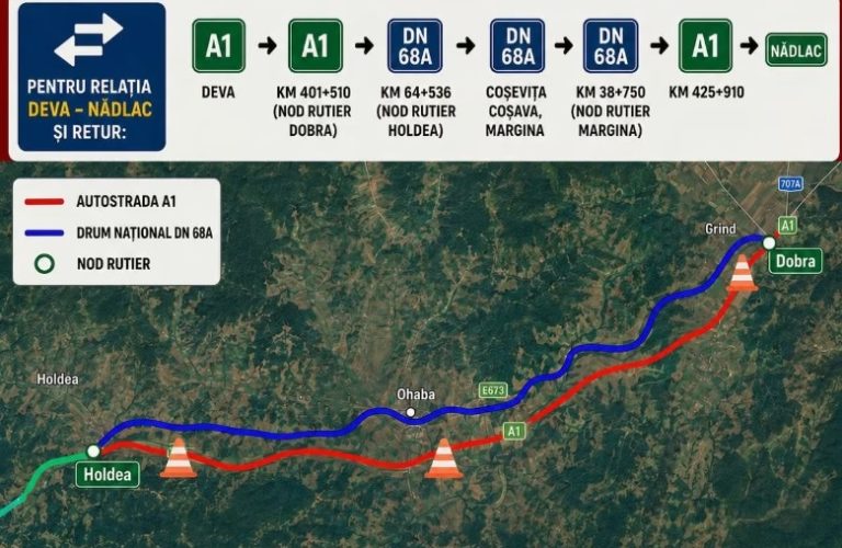 Circulație deviată pe A1 între Dobra și Holdea până pe 19 iunie: Restricții și pe A3 și A1 în Cluj și Hunedoara!