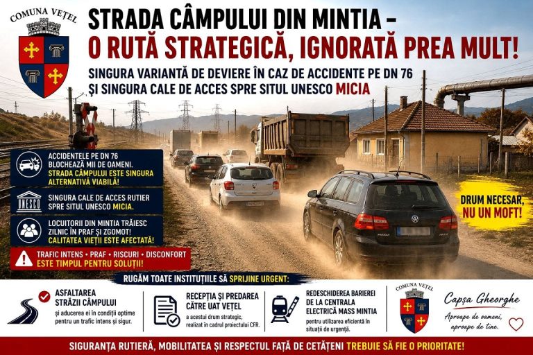 După haosul de pe DN76, primarul din Vețel cere măsuri urgente pentru Mintia: Se cere redeschiderea trecerii la nivel de la Centrala Mintia și asfaltarea Drumului Câmpului!