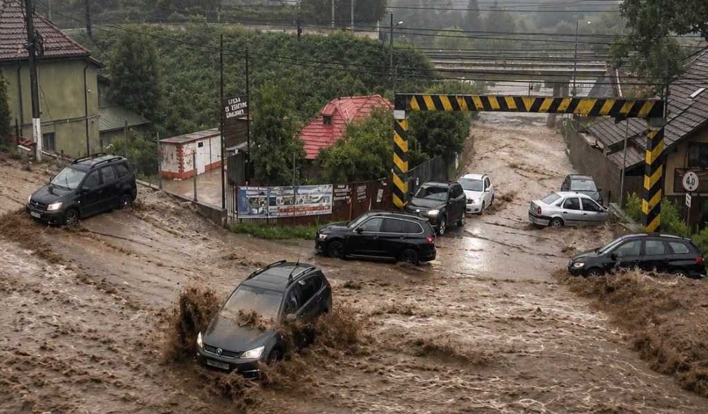 Viitură puternică pe DN1, în Bușteni: O femeie a fost salvată din ape, iar mai multe persoane au rămas blocate în mașini!
