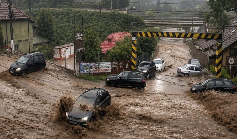 Viitură puternică pe DN1, în Bușteni: O femeie a fost salvată din ape, iar mai multe persoane au rămas blocate în mașini!