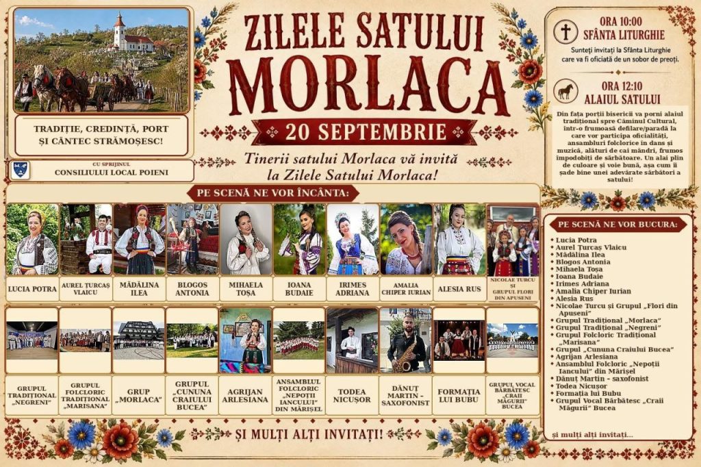Sărbătoare mare la Morlaca: alai cu cai împodobiți, slujbă religioasă și spectacol folcloric pe 20 septembrie