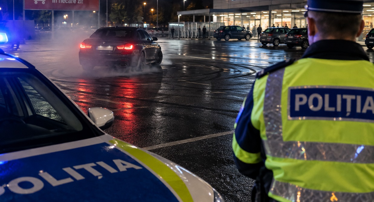 Un tânăr hunedorean s-a ales cu dosar penal după ce ar fi efectuat derapaje controlate în parcarea unui supermarket din Hațeg