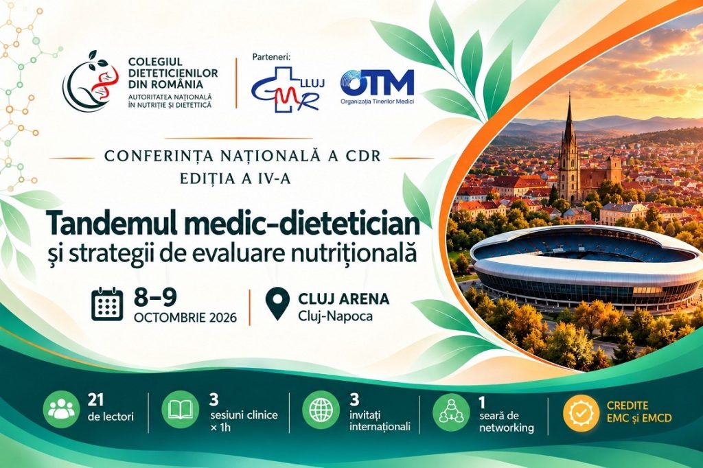 Conferința Națională a Colegiului Dieteticienilor din România, la Cluj Arena: Specialiști din țară și din străinătate discută despre evaluarea nutrițională, obezitate, microbiom și sănătate metabolică!