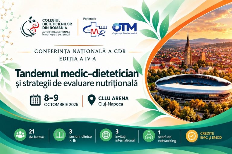 Conferința Națională a Colegiului Dieteticienilor din România, la Cluj Arena: Specialiști din țară și din străinătate discută despre evaluarea nutrițională, obezitate, microbiom și sănătate metabolică!