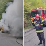 Buldoexcavator cuprins de flăcări pe DN 687A, între Hunedoara și Teliucu Inferior! Trafic blocat și pericol de extindere a incendiului la pădure (VIDEO)